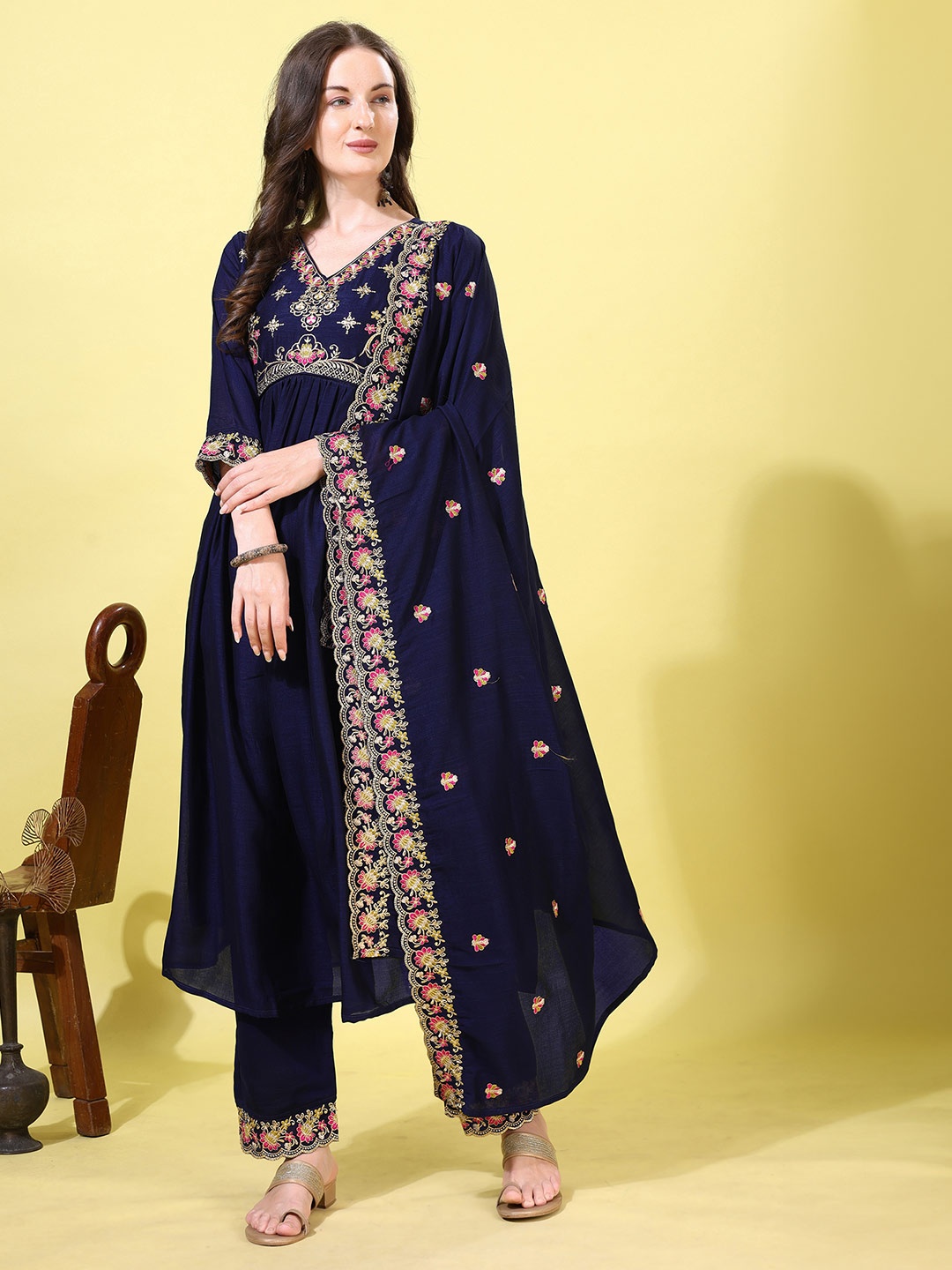 

KALINI Women Embroidered Regular Kurta with Palazzos & With Dupatta, Blue