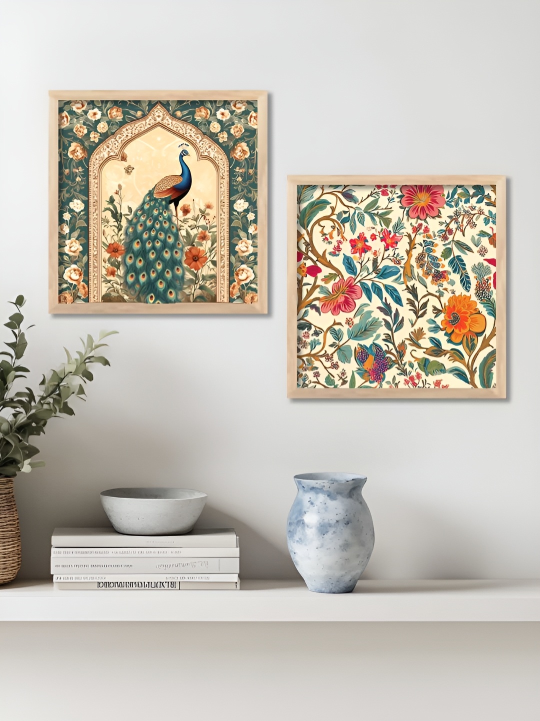 

Kotart Brown & Green 2 Pieces Peacock Floral Printed Wooden Wall Paintings