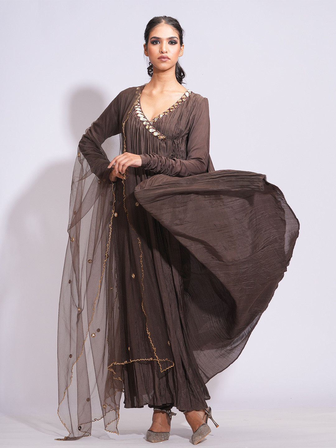 

Shruti S Angrakha Mirror Work Pure Cotton Anarkali Kurta With Churidar And Dupatta, Brown