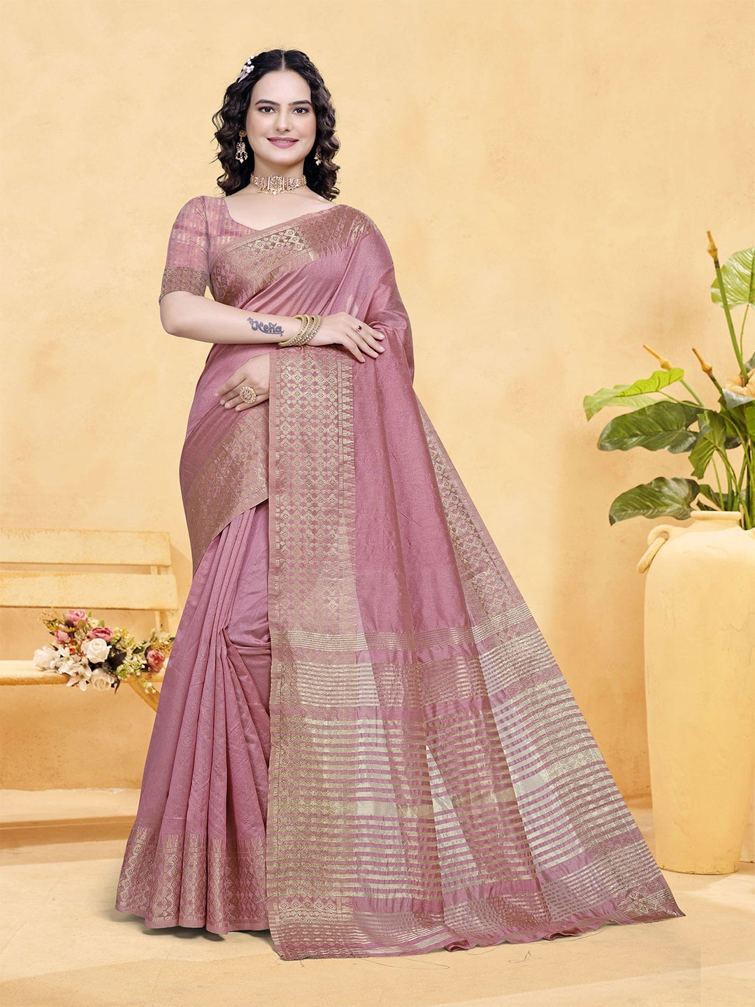 

Moda Rapido Solid Zari Kota Saree With Unstitched Blouse Piecee, Purple