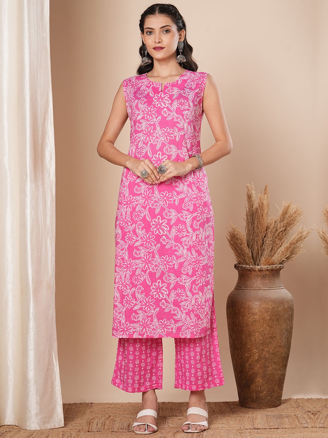 

FASHOR Floral Printed Pure Cotton Straight Kurta With Palazzos, Pink