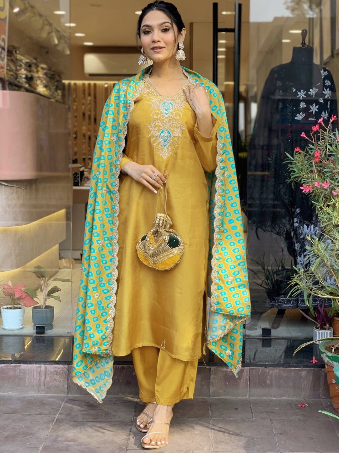 

KALINI Women Embroidered Regular Kurta with Palazzos & With Dupatta, Mustard