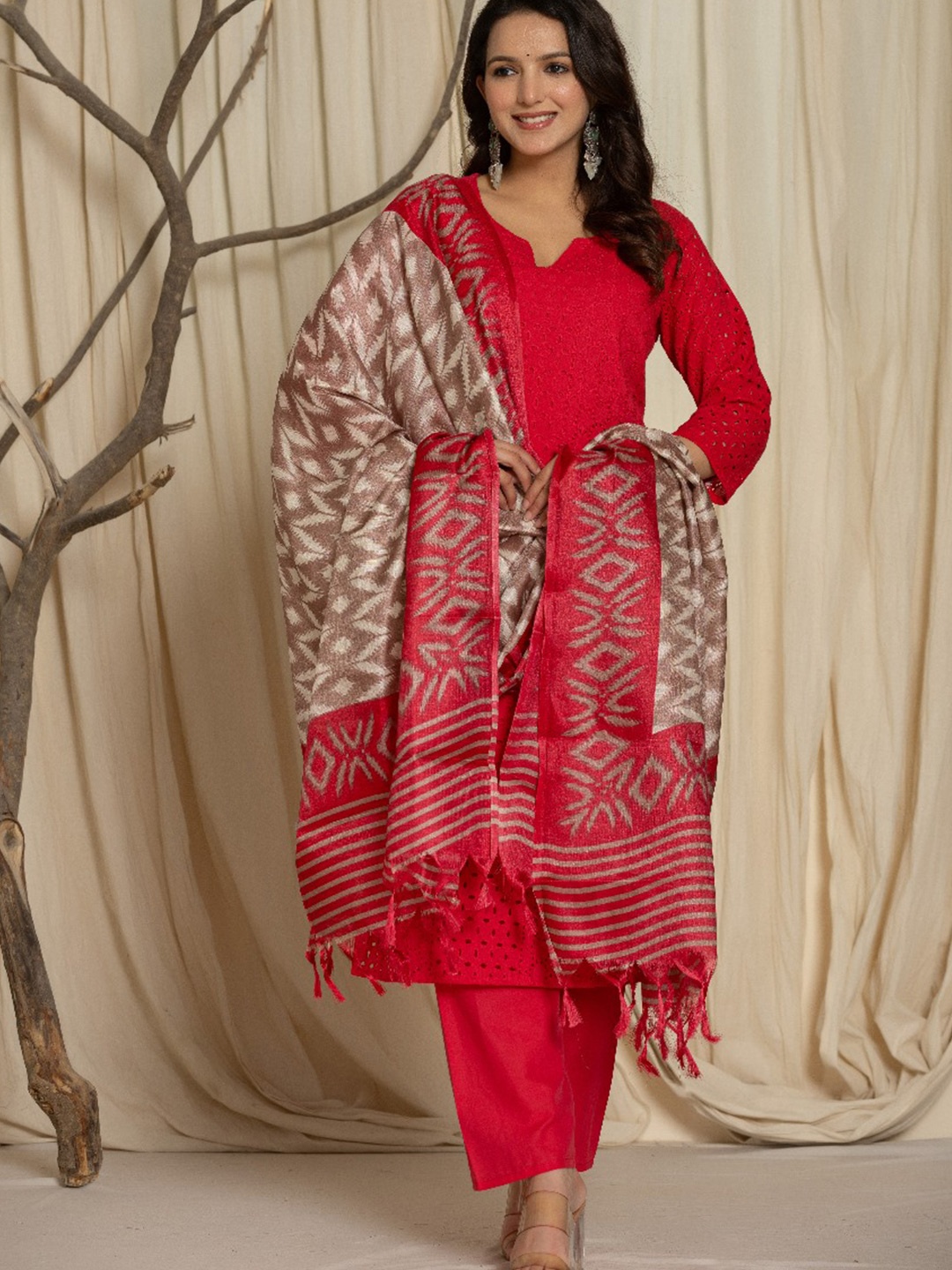 

Samhitas Notch Neck Cotton Straight Kurta With Trousers & Dupatta, Pink