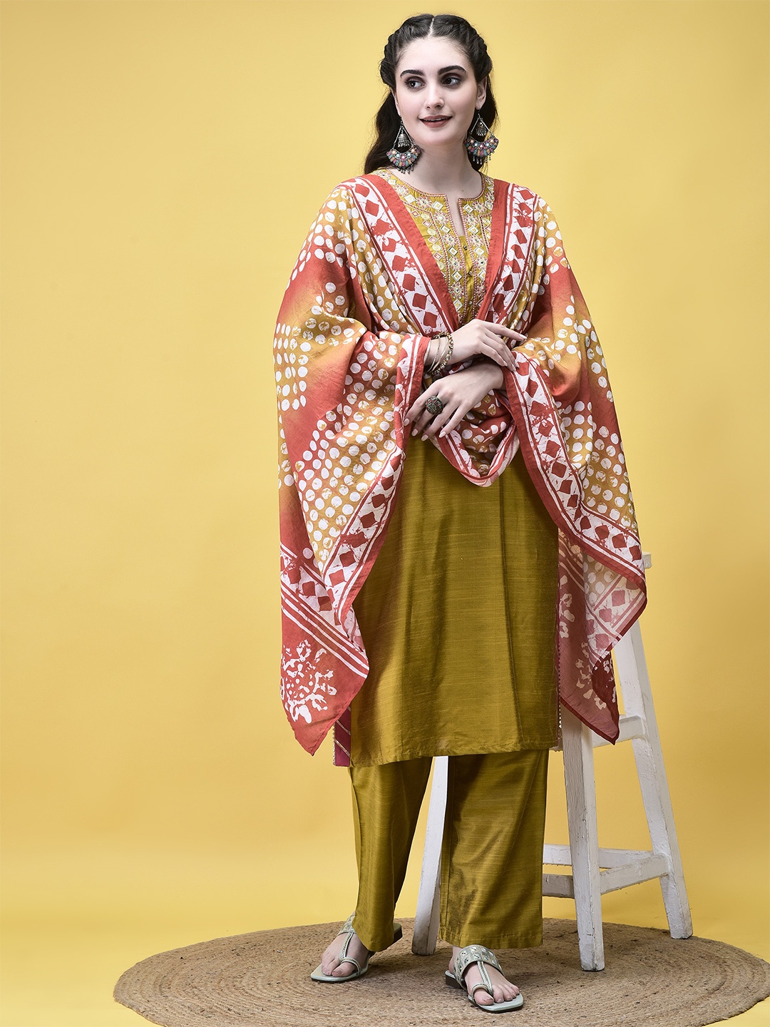 

Shree Floral Yoke Design Notch Neck Thread Work Straight Kurta With Trouser & Dupatta, Mustard