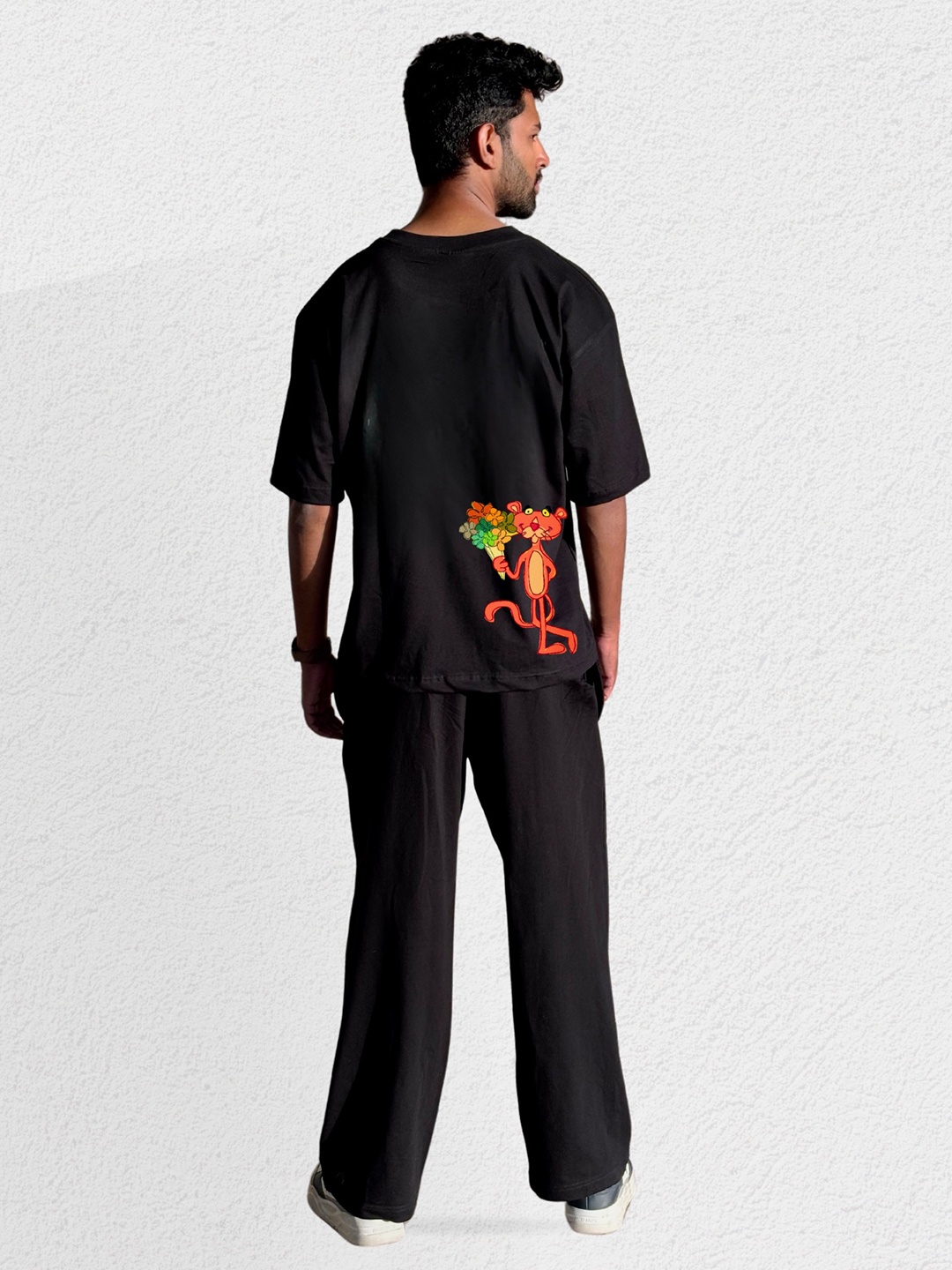 

TheBTclub Printed Round Neck T-Shirt With Trouser Co-Ords, Black