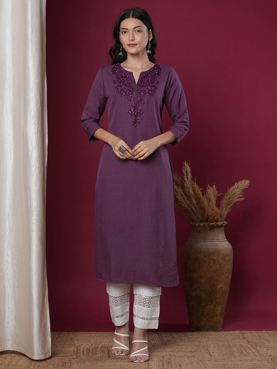 

FASHOR Floral Yoke Design Notch Neck Straight Kurta, Purple