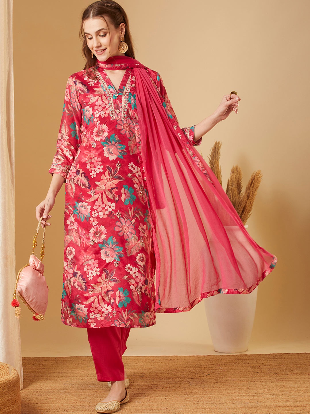 

FASHOR Floral Printed Zari Work V-Neck Straight Kurta With Trousers & Dupatta, Pink