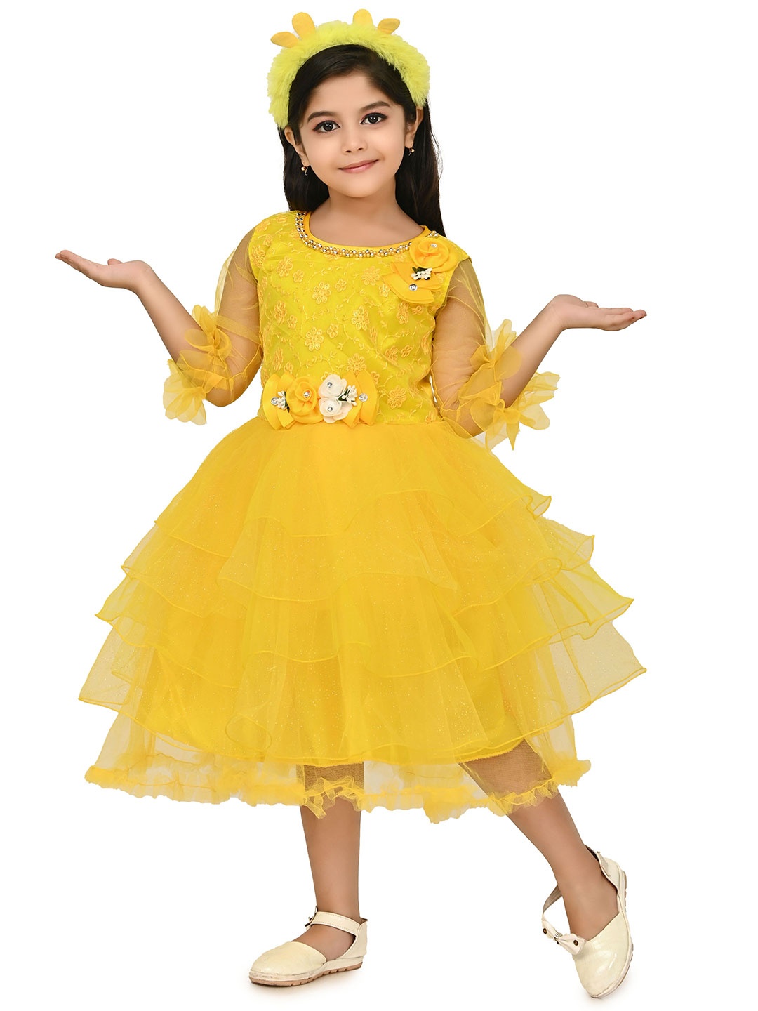 

Zenat Flared Sleeve Layered Net Fit & Flare Dress, Yellow