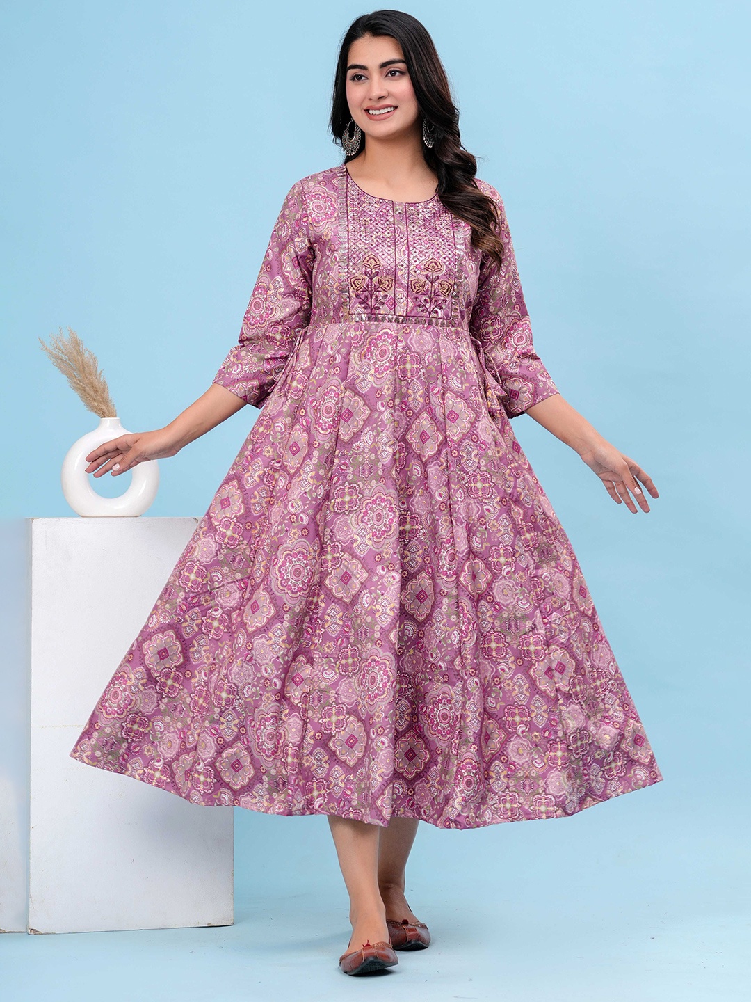 

HEARTLOOM Floral Printed Anarkali Midi Dress, Pink