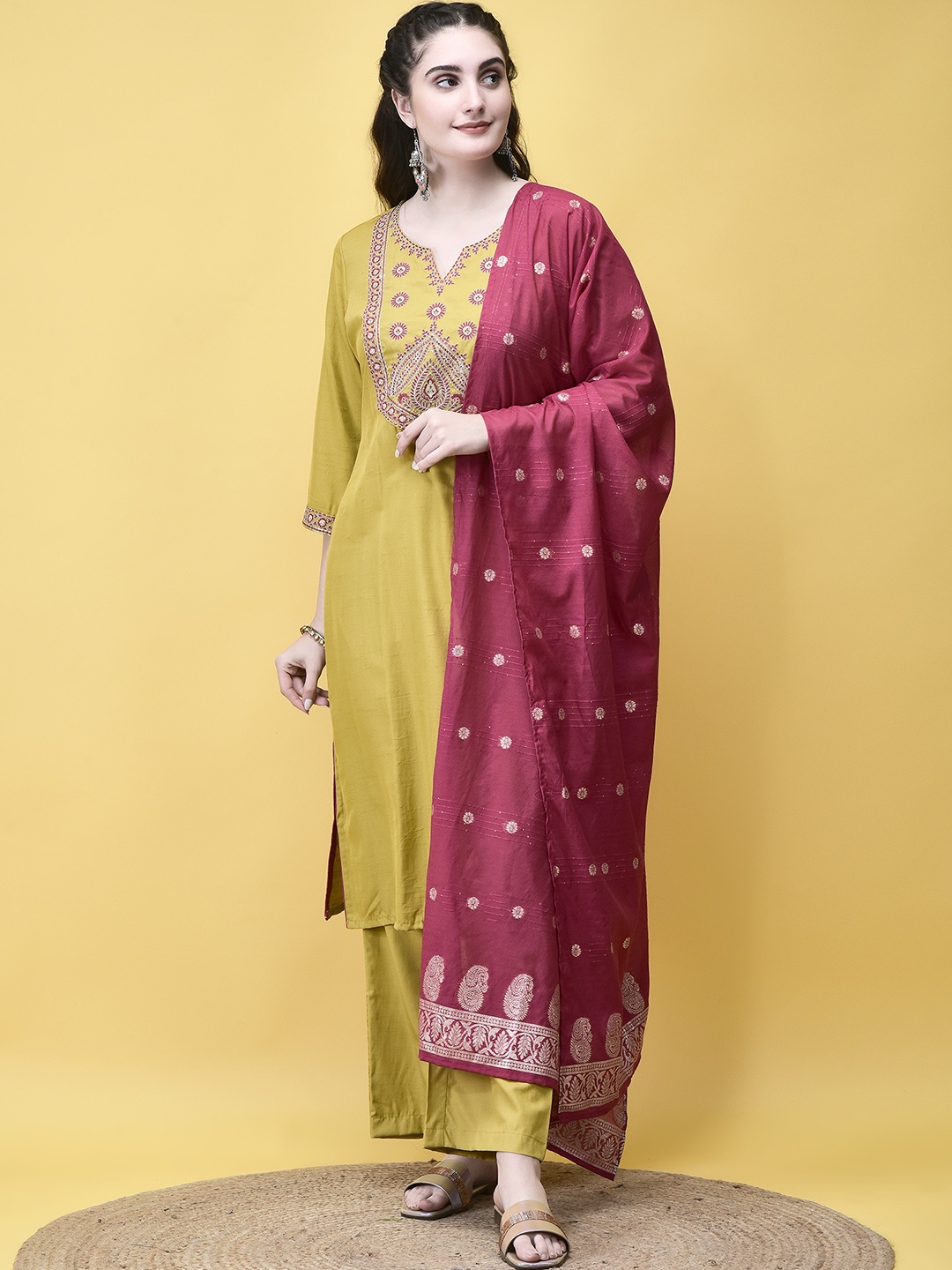 

Shree Floral Yoke Design Thread Work Liva Straight Kurta With Trousers & With Dupatta, Yellow