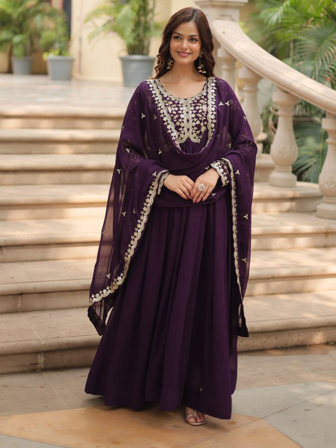 

ZIBLON Embroidered Gown Maxi Ethnic Dresses With Dupatta, Violet