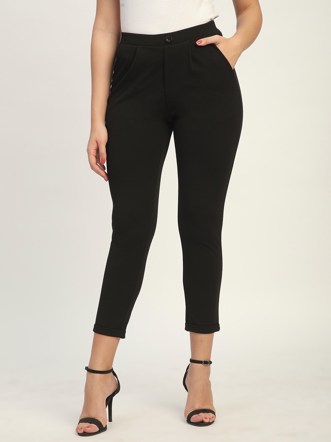 

R&B Women Slim Fit Pleated Trousers, Black