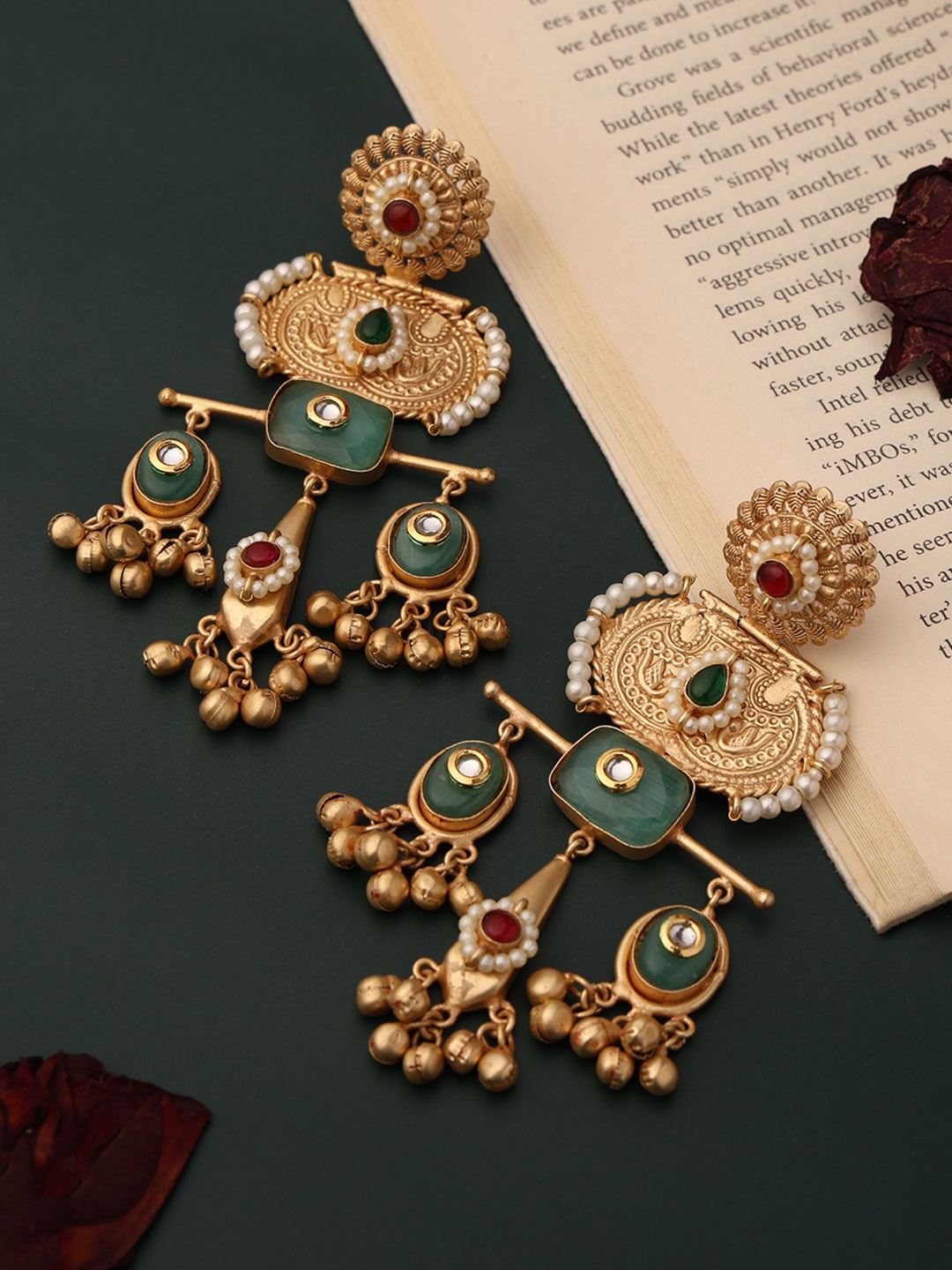 

PATOLA BY VJ Gold-Plated Artificial Stone Studded & Beaded Temple Drop Earrings