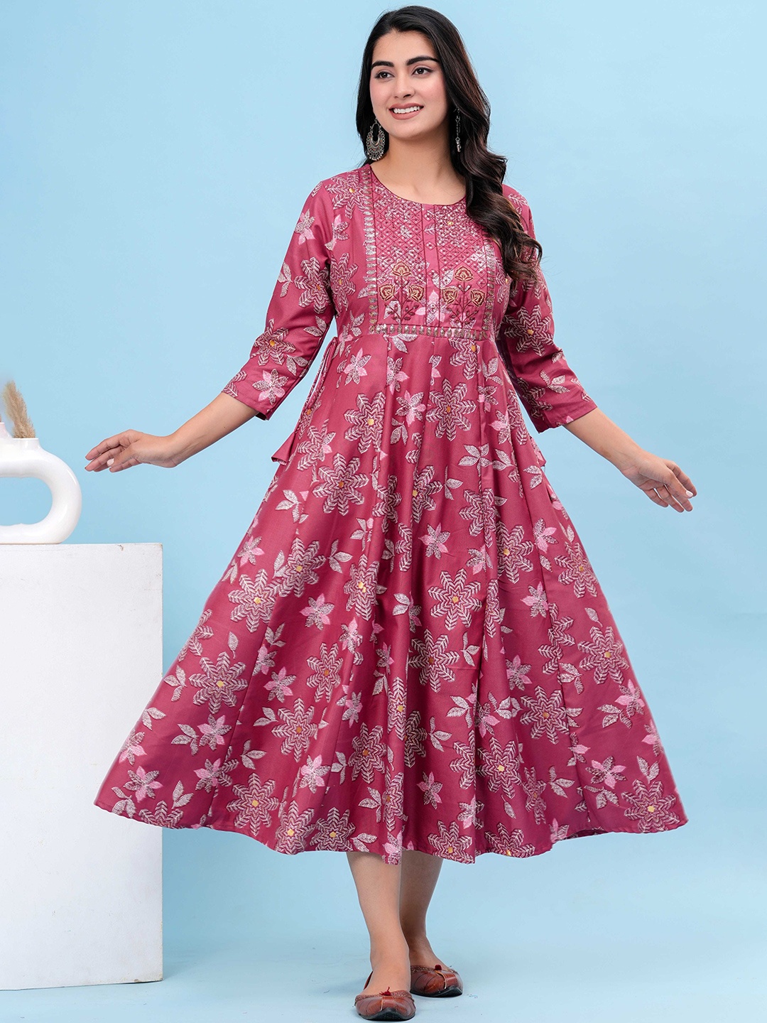 

HEARTLOOM Floral Printed Anarkali Midi Dress, Rust