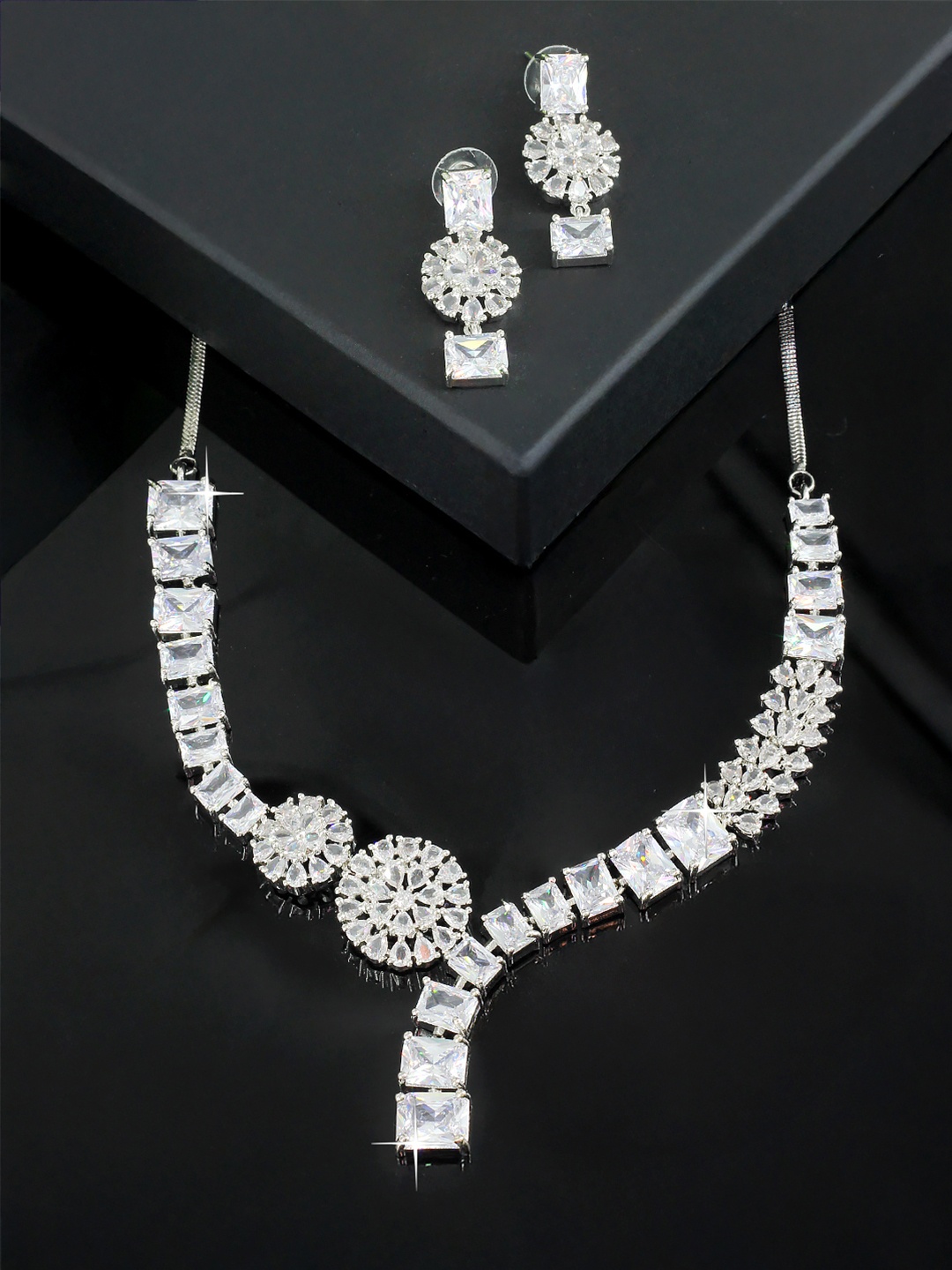 

PRIVIU Silver-Plated American Diamond Stones Studded Jewellery Set
