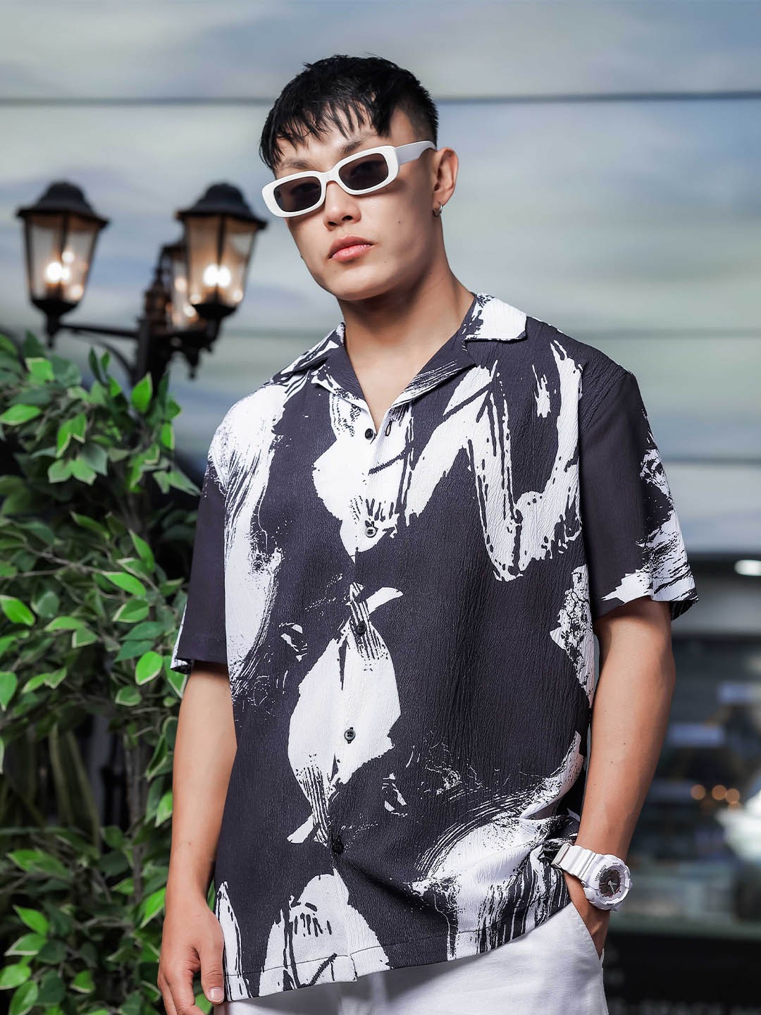 

House of Koala Unisex Abstract Printed Cuban Collar Relaxed Fit Shirt, Black