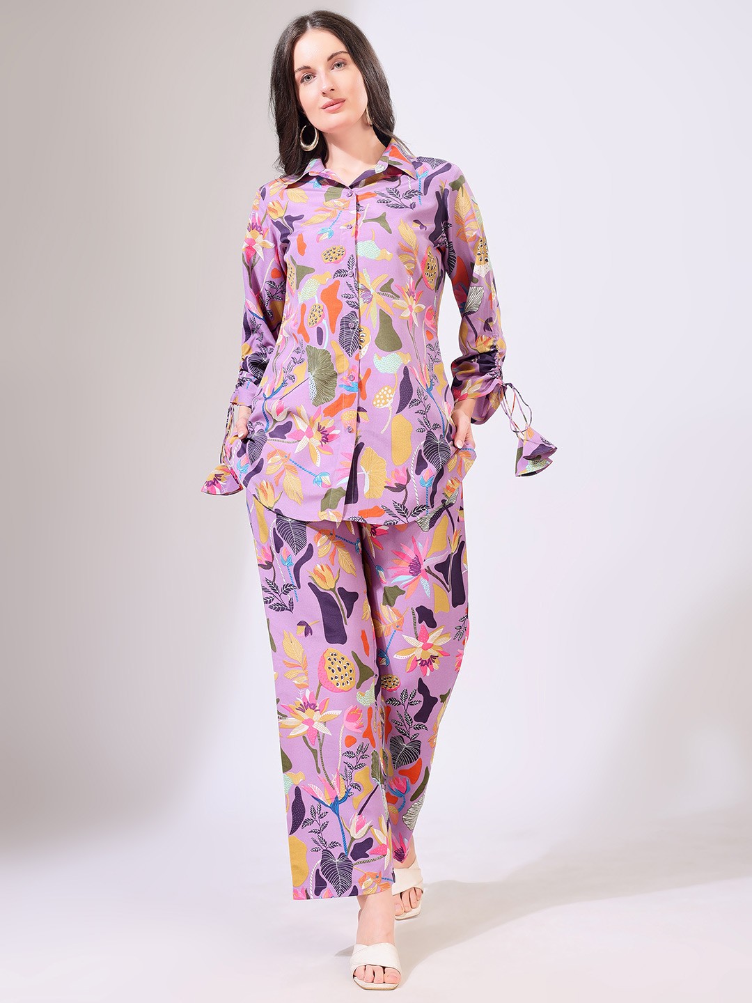 

FAB GALAXY Floral Printed Shirt & Trousers, Purple