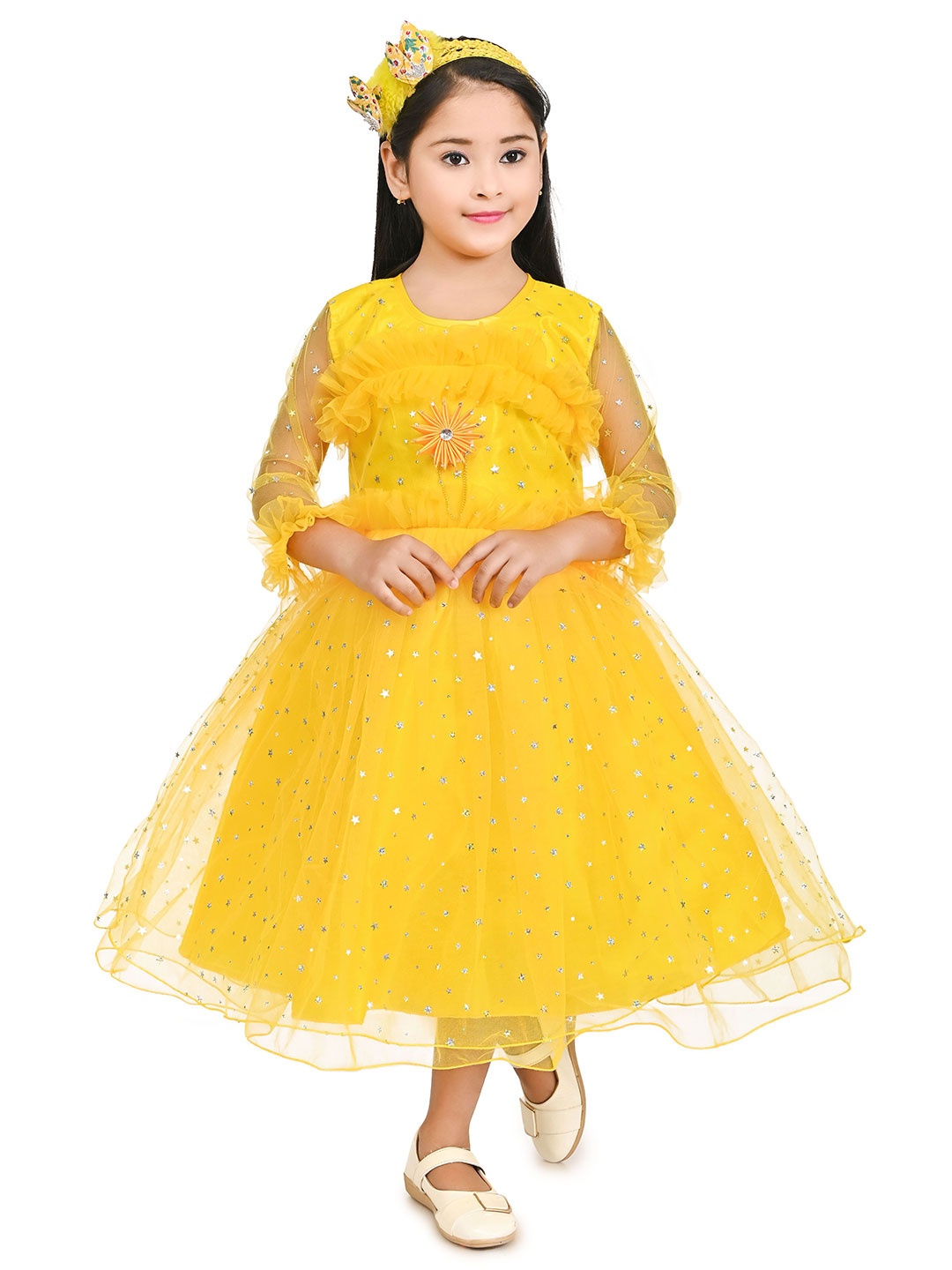 

Zenat Flared Sleeve Layered Net Fit & Flare Dress, Yellow