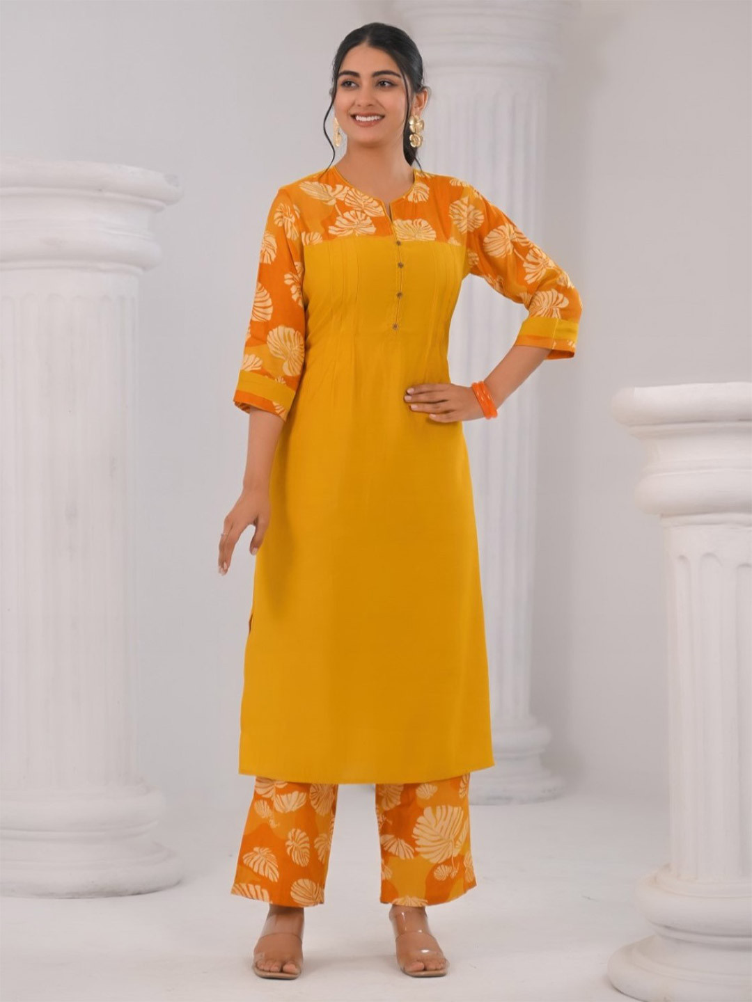 

AUTUMN LANE Floral Printed Notch-Neck Kurta With Trousers And Dupatta, Yellow