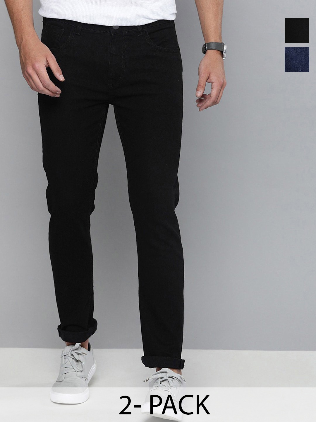 

INDIROCKS Men Jean Slash Knee Stretchable Jeans, Black