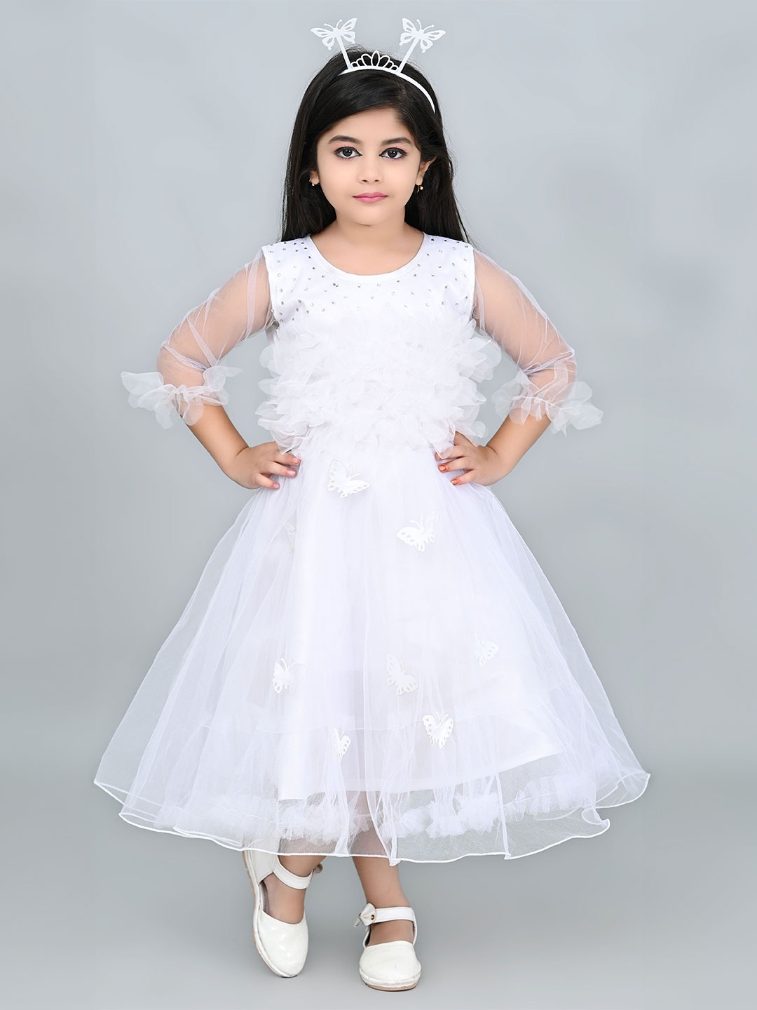 

Zenat Flared Sleeve Layered Net Fit & Flare Dress, White