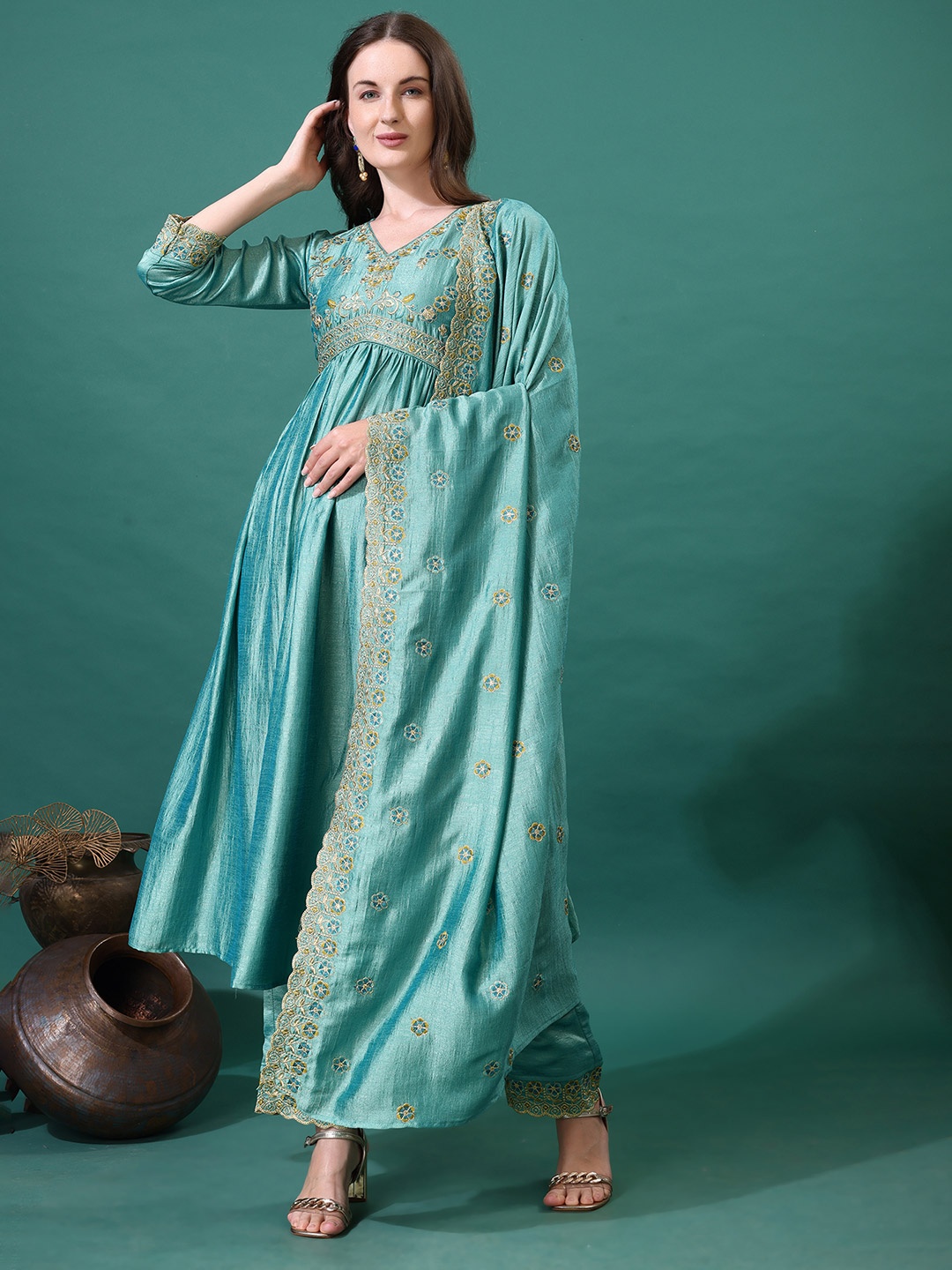 

KALINI Floral Embroidered V-Neck Anarkali Kurta With Palazzos And Dupatta, Green
