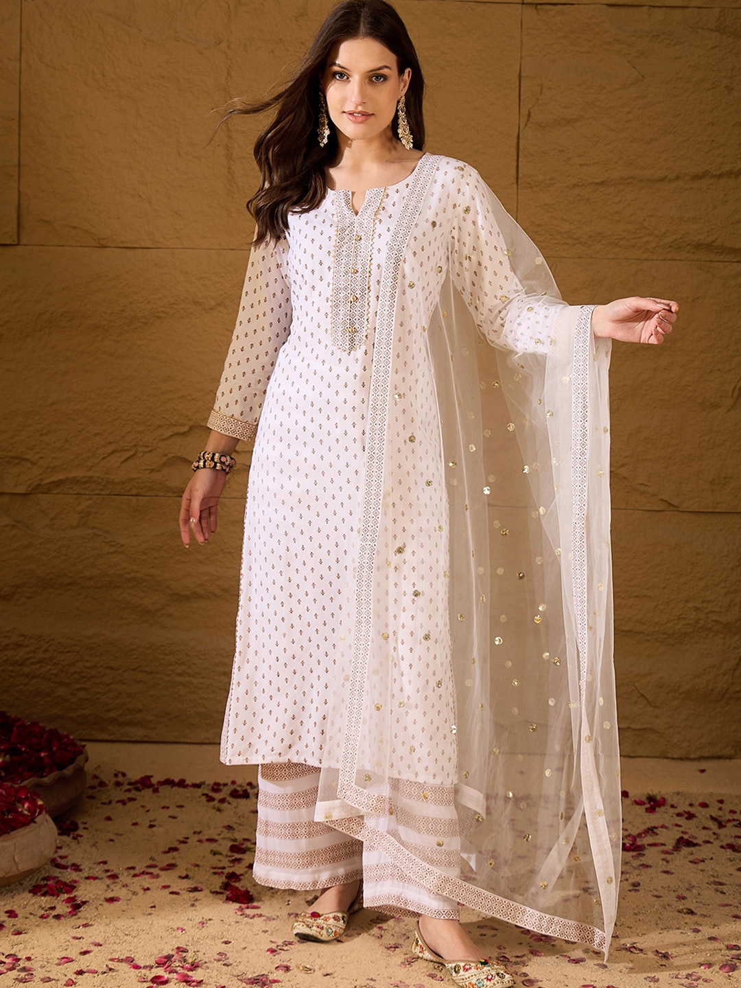 

AHIKA Floral Printed Gotta Patti Notch Neck Straight Kurta With Trouser & Dupatta, White