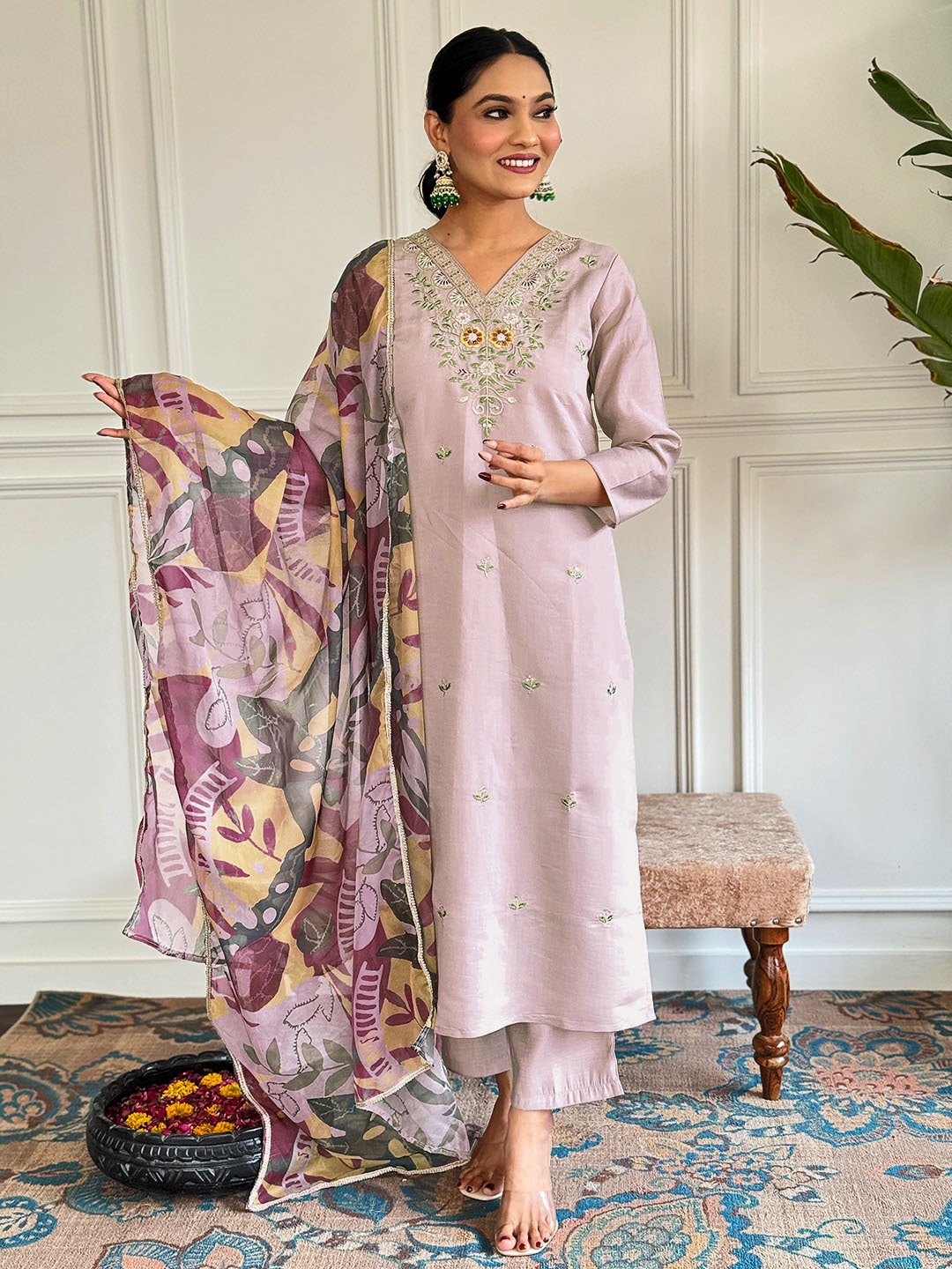 

KALINI Floral Embroidered V-Neck Thread Work Straight Kurta With Palazzos And Dupatta, Purple