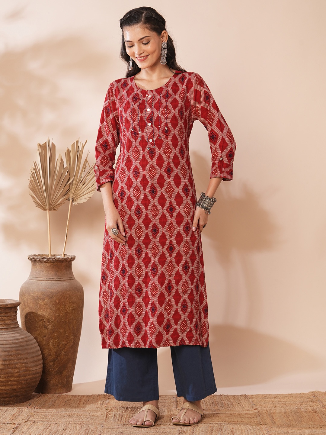 

FASHOR Ethnic Motifs Printed Pure Cotton Round Neck Straight Kurta, Red
