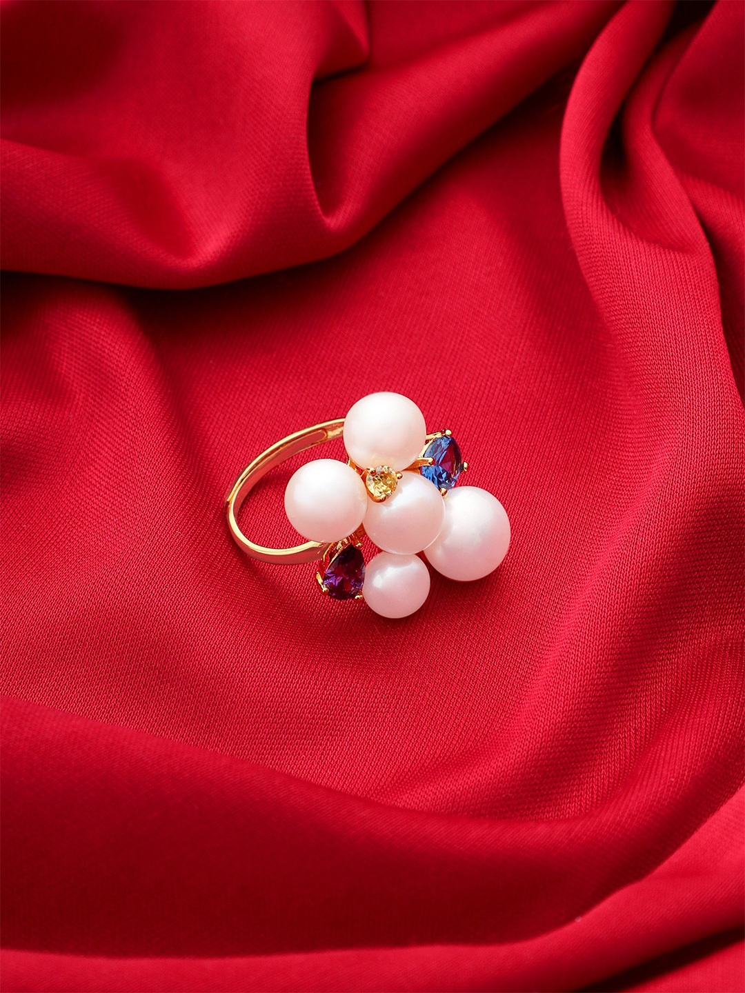 

DIAVO 925 Sterling Silver Gold-Plated Pearls Beaded & Studded Finger Ring