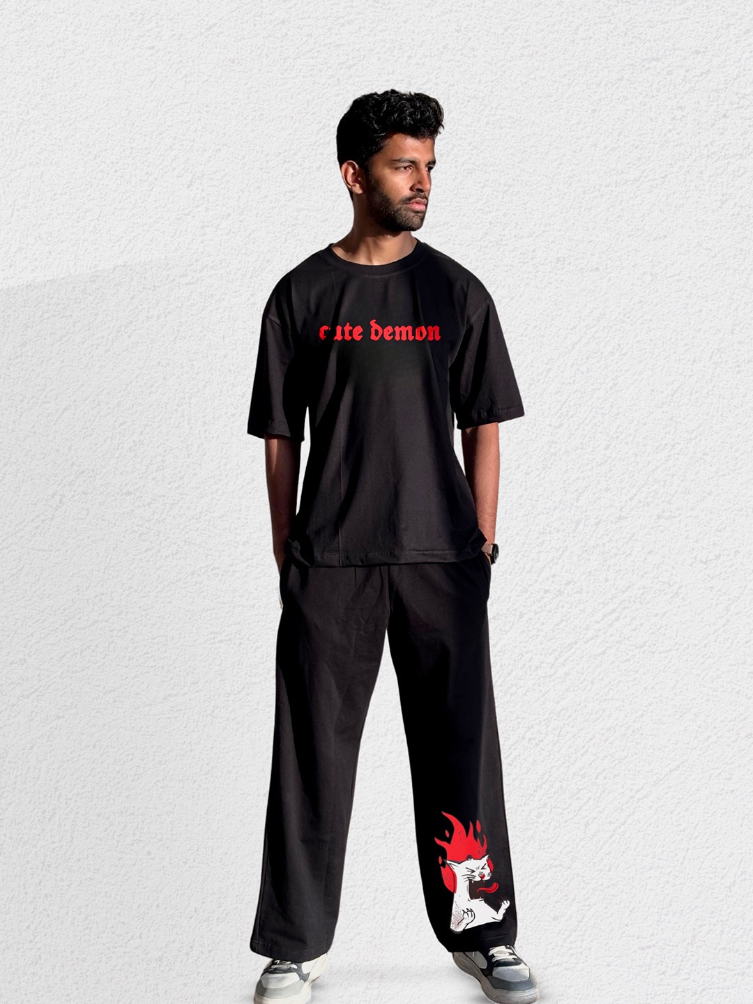 

TheBTclub Cute Demon Graphic Printed Round Neck T-shirt With Joggers, Black