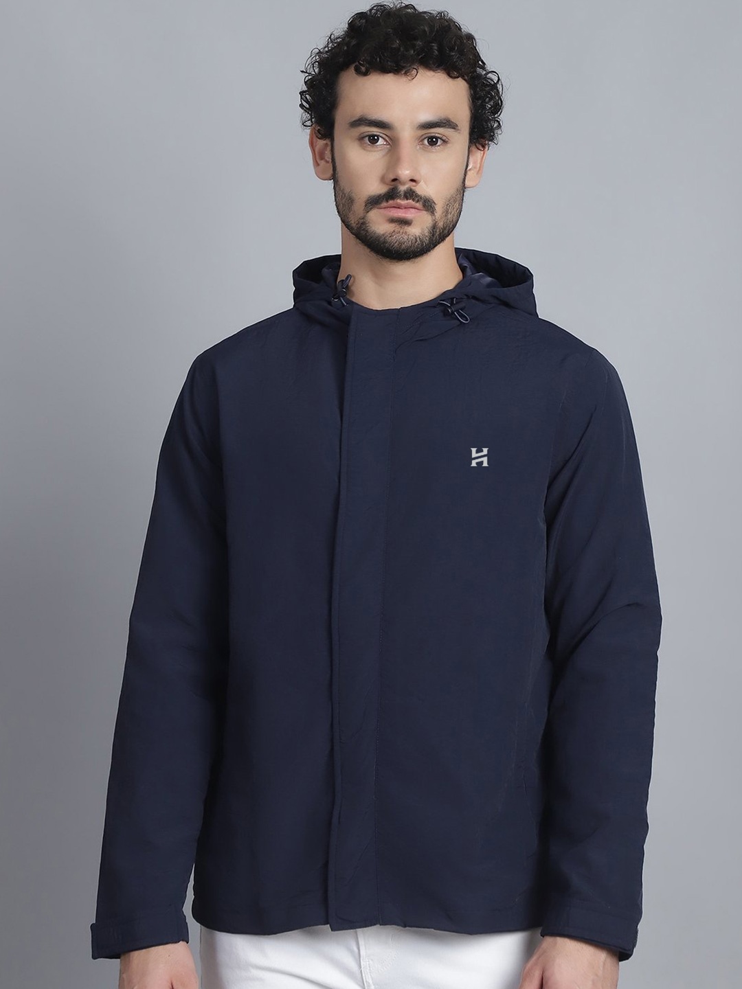 

HOUSE OF VEDAS Men Hooded Solid Casual Windcheater And Water Resistant Bomber Jacket, Navy blue