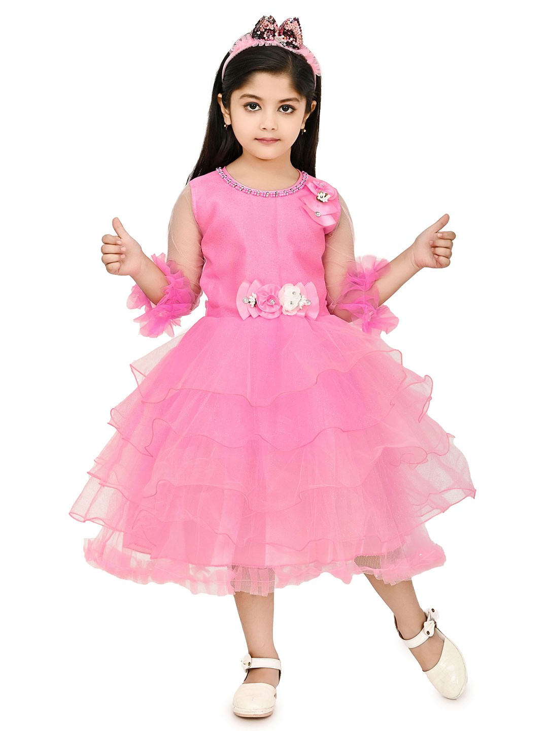 

Zenat Flared Sleeve Layered Net Fit & Flare Dress, Pink