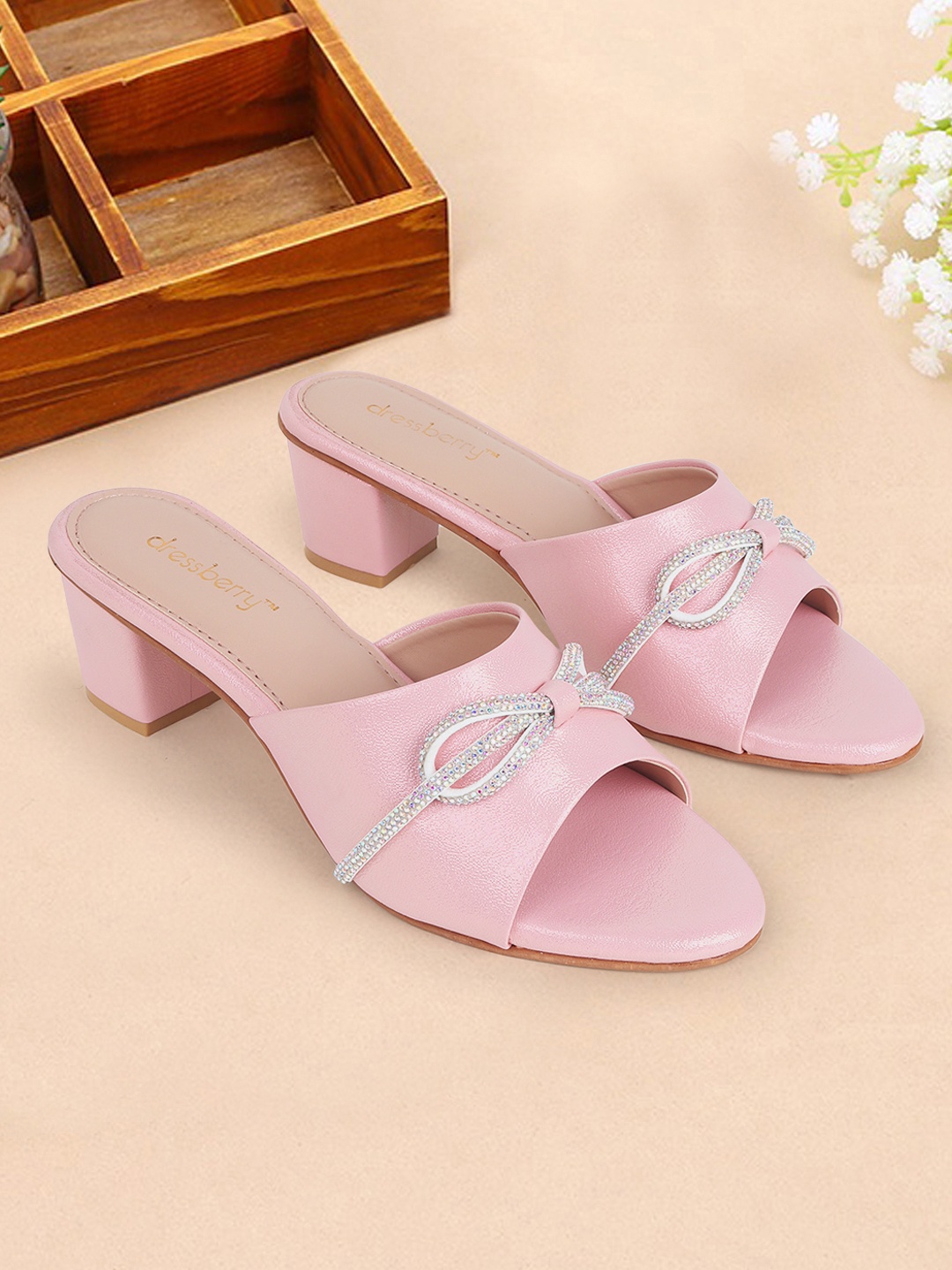 

DressBerry Embellished Block Heel Sandals, Pink