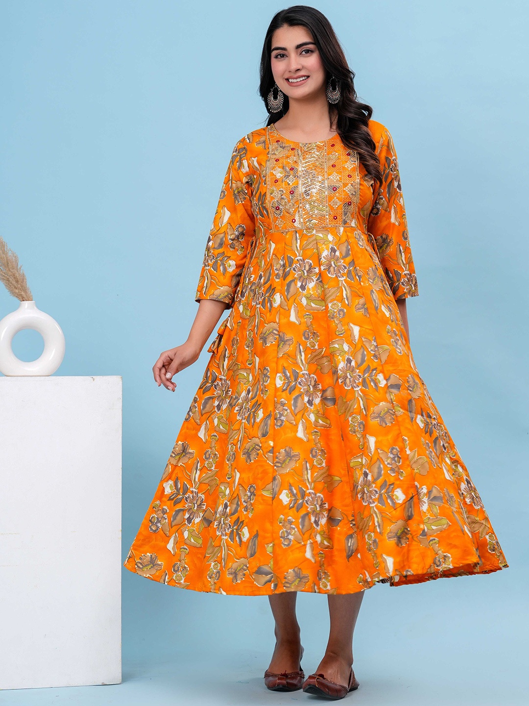

HEARTLOOM Floral Printed Anarkali Midi Dress, Yellow