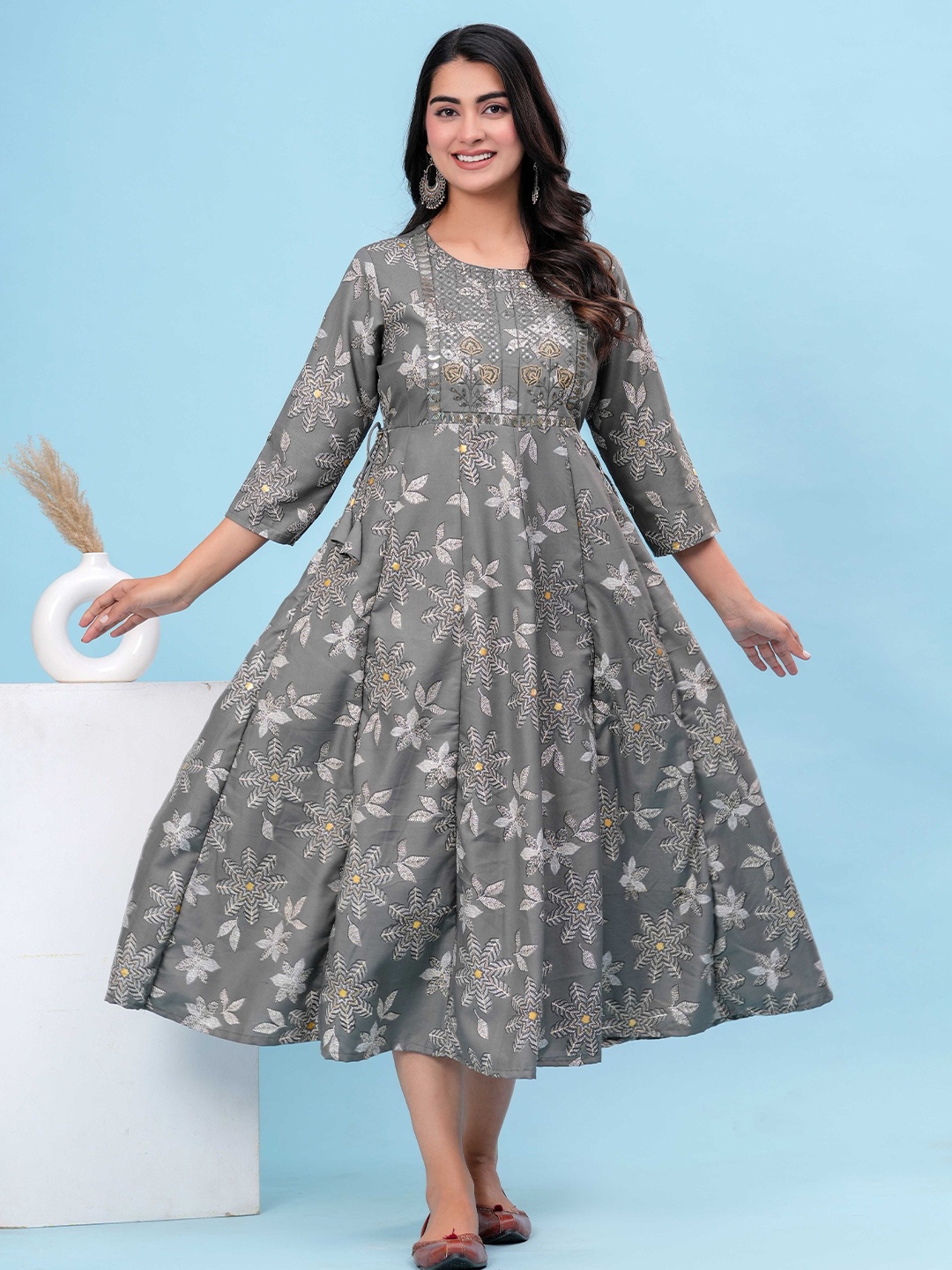 

HEARTLOOM Floral Printed Anarkali Midi Dress, Grey