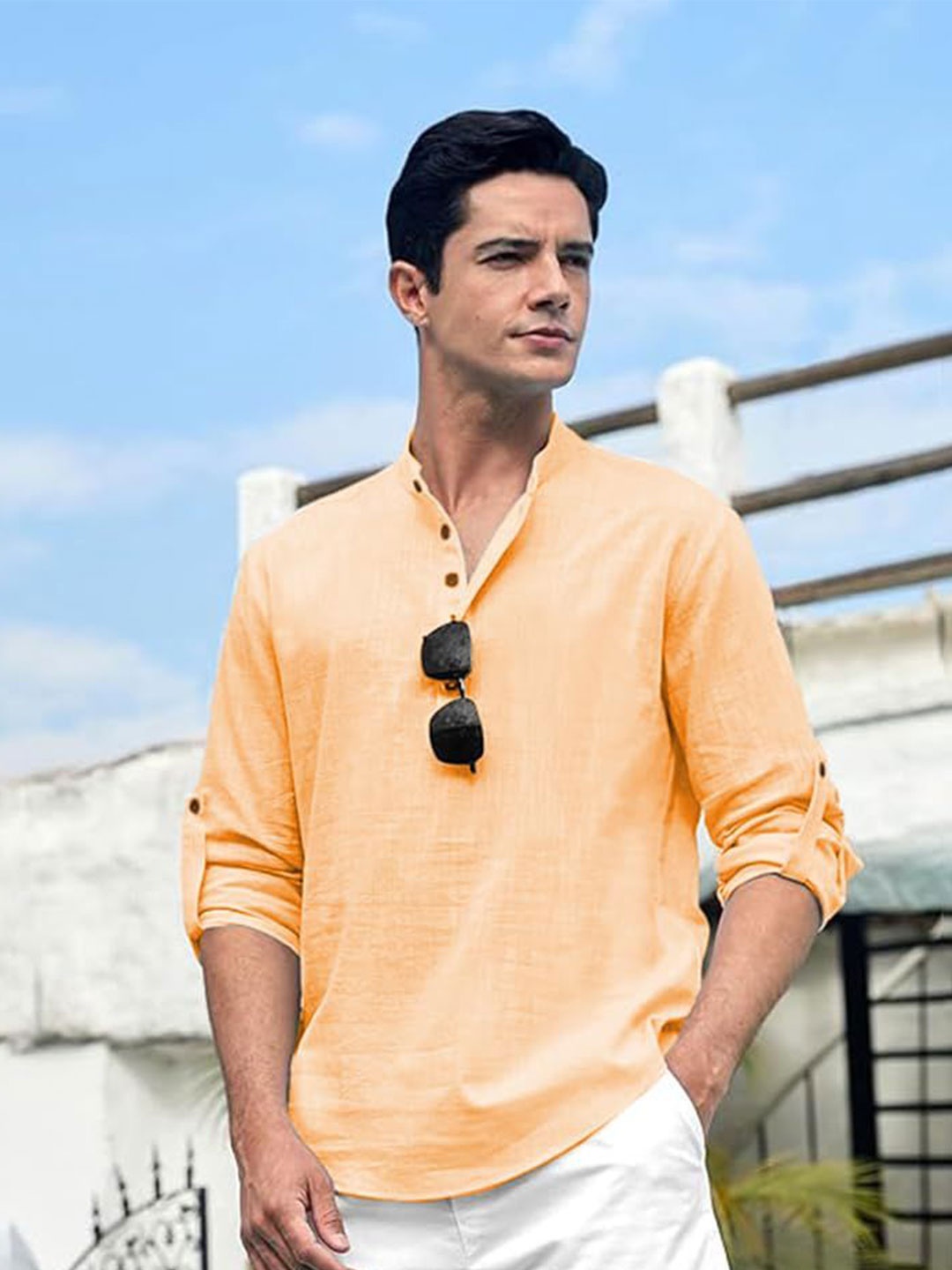 

EdinWolf Men India Slim Fit Band Collar Solid Cotton Casual Shirt, Orange