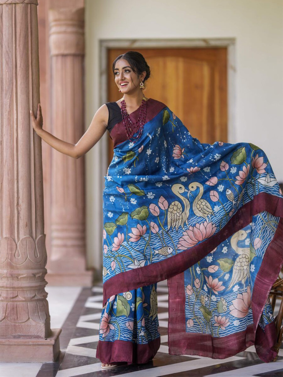 

Nimidiya Kalamkari Printed Pure Cotton Saree, Blue