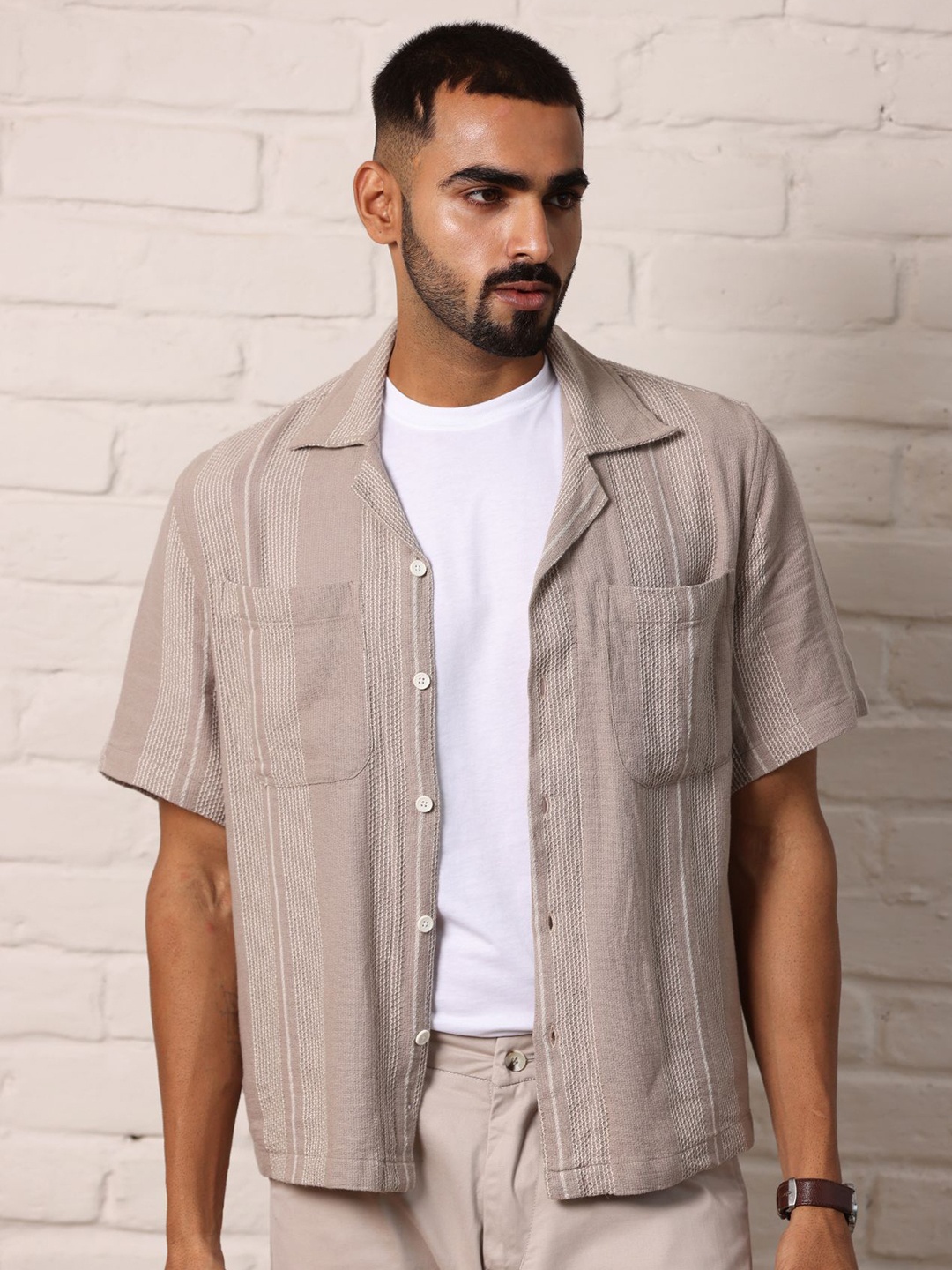 

Uncluttered Closet Men Relaxed Oversized Fit Cuban Collar Solid Cotton Casual Shirt, Taupe
