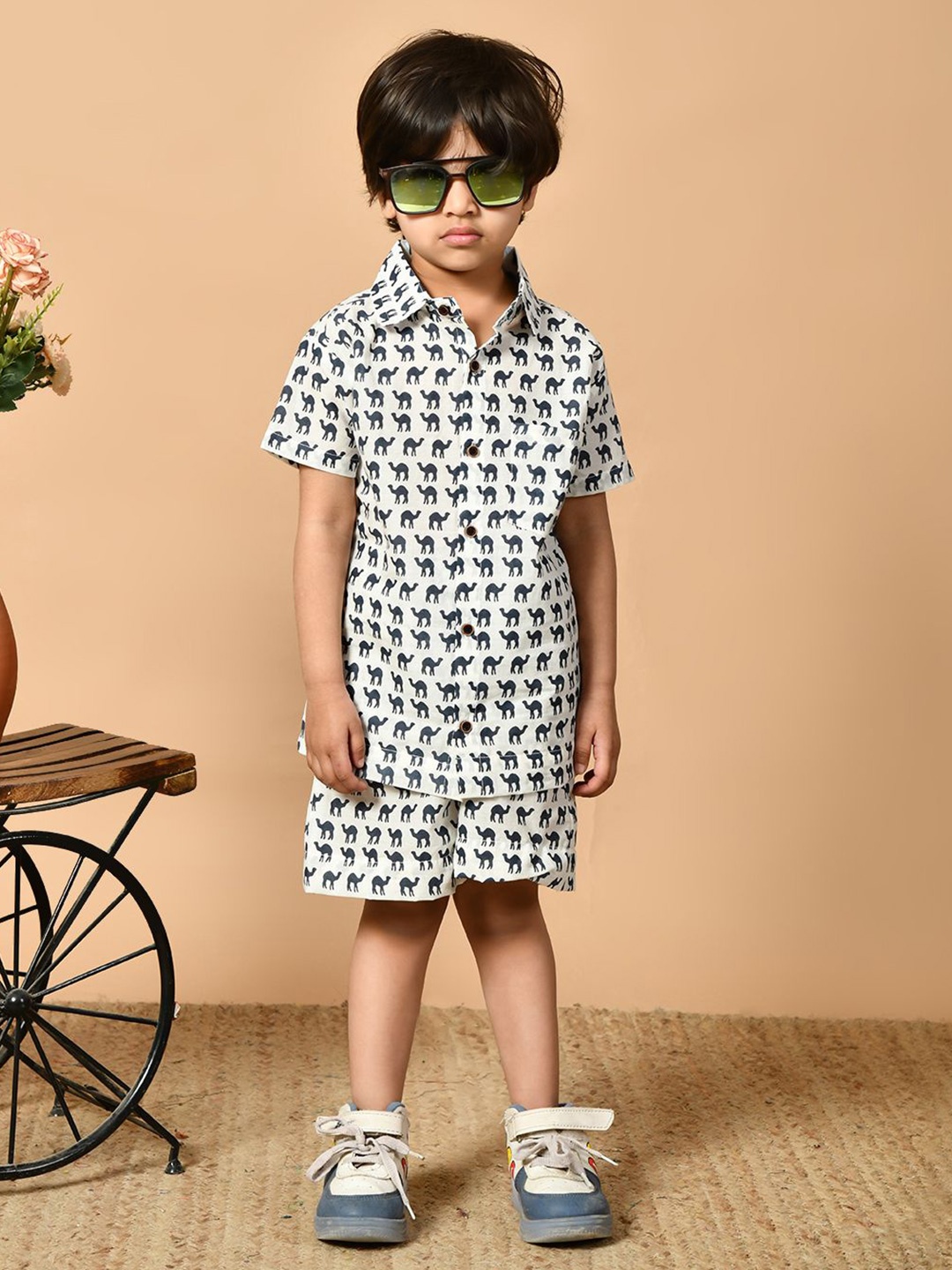 

MoMaa Boys Printed Short Sleeves Pure Cotton Shirt With Shorts, Blue