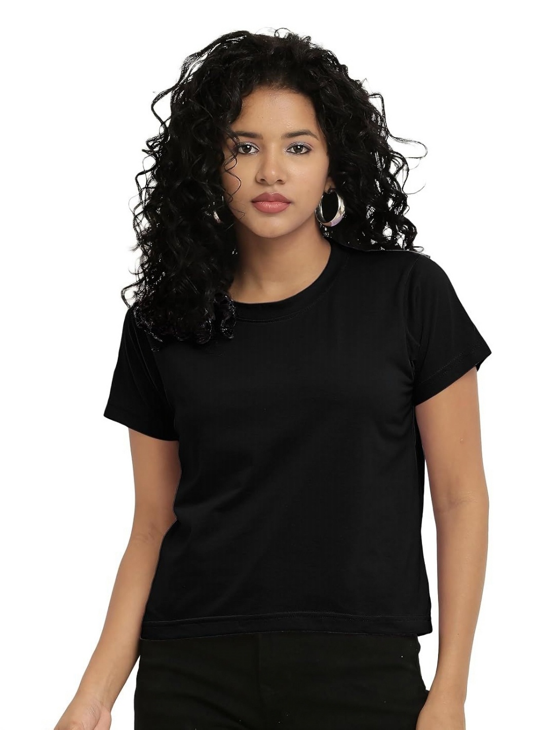 

NOTWILD Women Solid Round Neck Cotton T-shirt, Black
