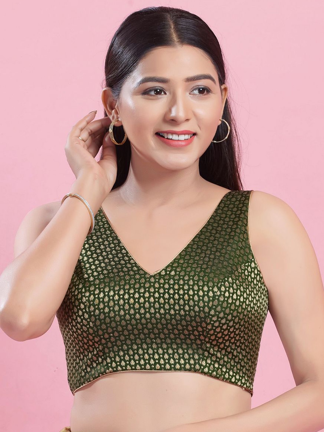 

VAMAS - THE DESIGNER BLOUSES Women V-Neck Padded Saree Blouse, Green