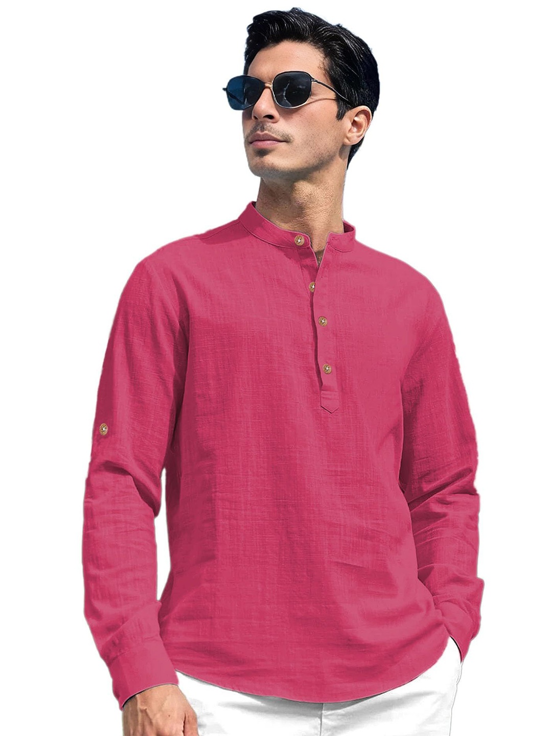 

EdinWolf Men India Slim Fit Band Collar Solid Cotton Casual Shirt, Pink