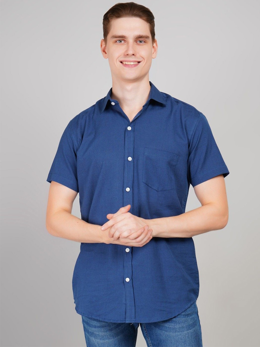 

LOUIS MONARCH Men Regular Fit Spread Collar Solid Cotton Casual Shirt, Navy blue