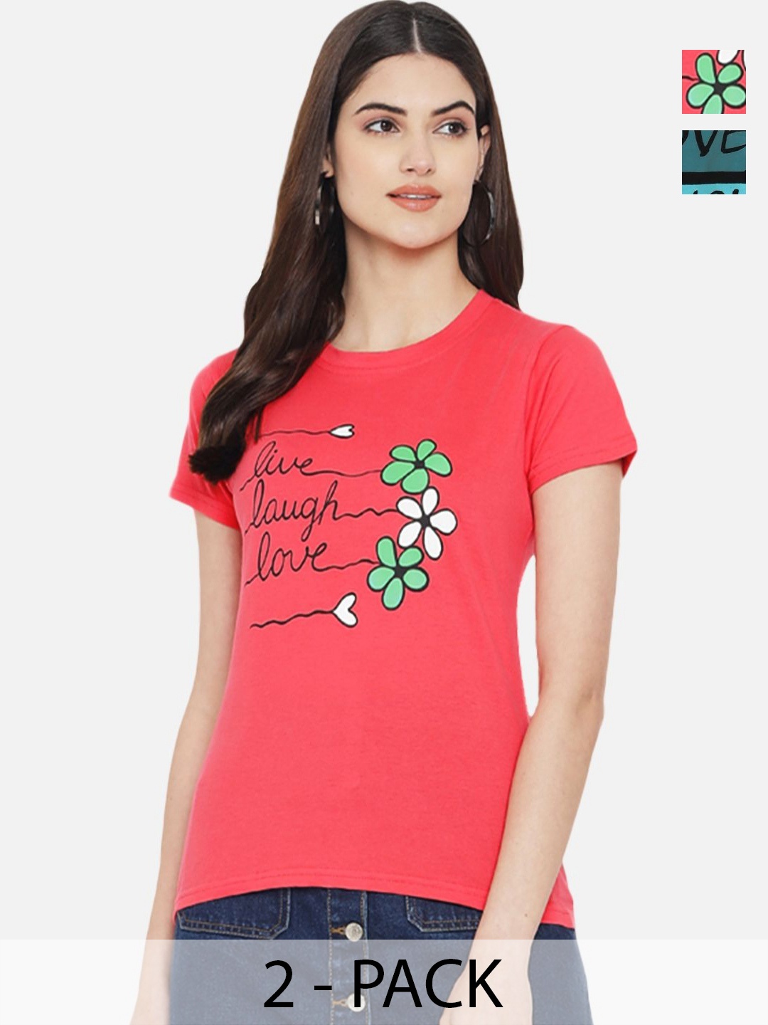 

Tromko Women Pack of 2 Typography Printed Round Neck Cotton Regular Fit T-shirts, Pink