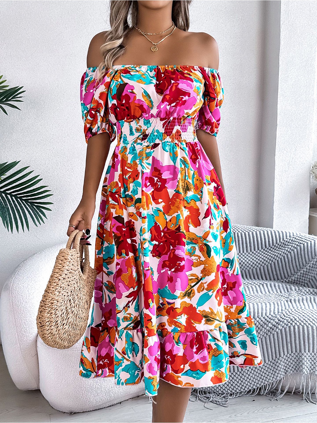 

StyleCast x Revolte Women Floral Print Off-Shoulder Neck Puff Sleeves Fit and Flare Dress, Multi