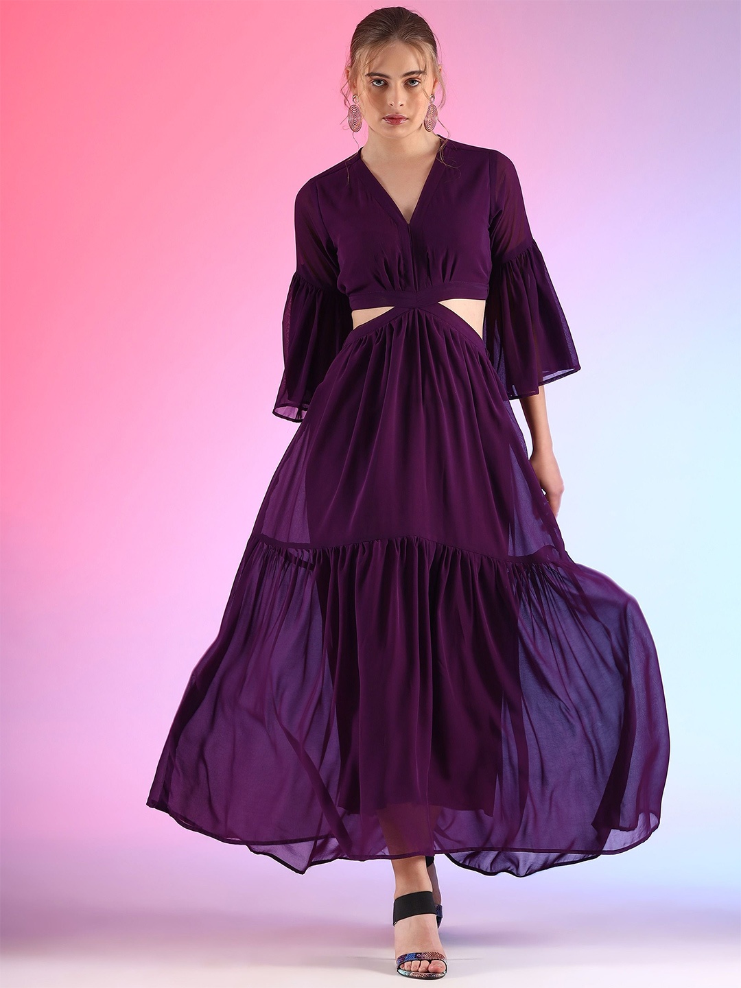 

De La Moda Flared Sleeve Fit & Flare Maxi Dress, Purple