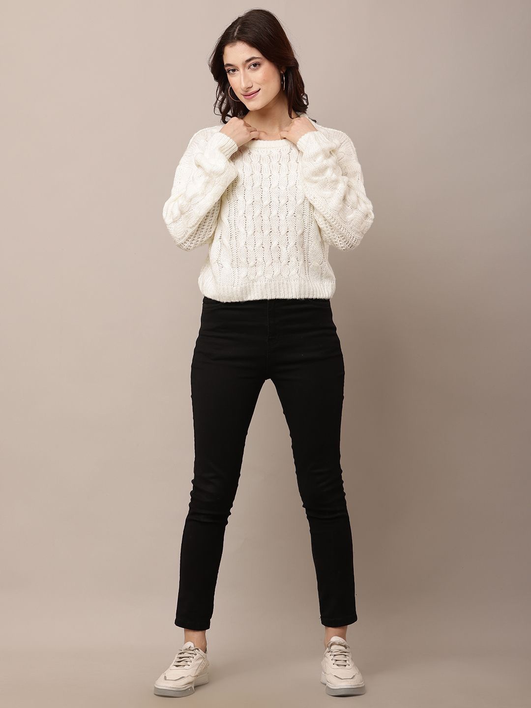 

NoBarr Women Cable Knit Pullover, White