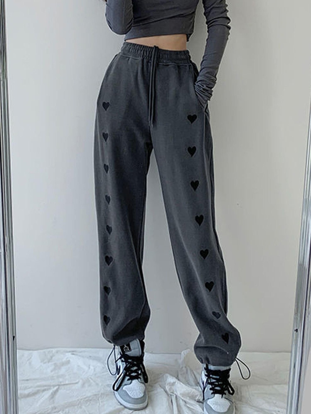 

Outzidr Women Printed Cotton Relaxed-Fit Mid Rise Joggers, Charcoal