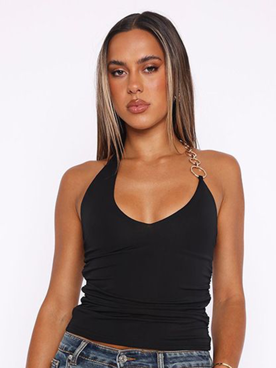 

StyleCast x Revolte Women Halter Neck Sleeveless Fitted Crop Top, Black